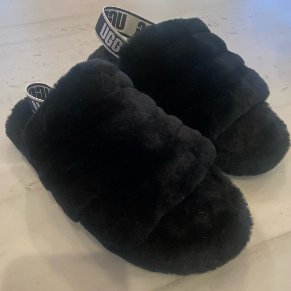 UGG  Black Furry Slippers